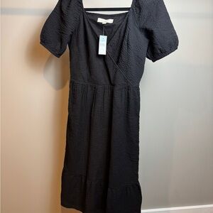 LOFT Guazy Puff Sleeve Midi Dress BLACK Size 2 Petite